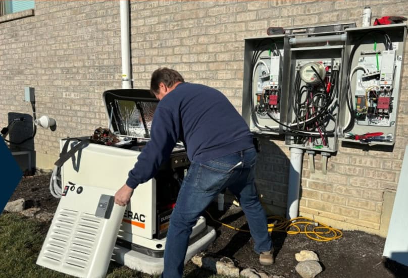 Man installing generator next to open electric panels